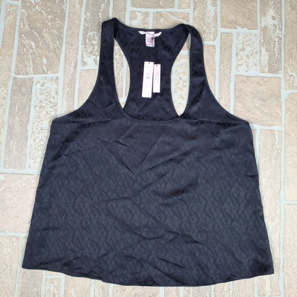 Victoria's Secret Black Monogram Satin Racerback Tank Top NWT Medium